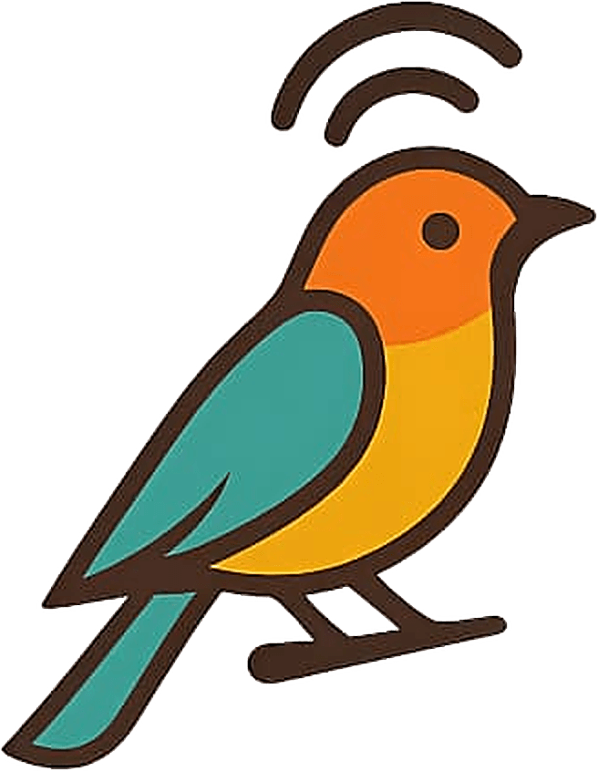 The Little Birdie mascot — a friendly orange, gold, and teal bird with signal lines above its head